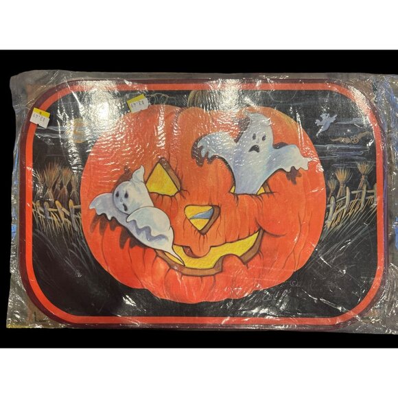 Vintage Cardstock Placemats Set of 8 With Pumpkins, Ghosts & Spiders 17” X 11” - Picture 1 of 7